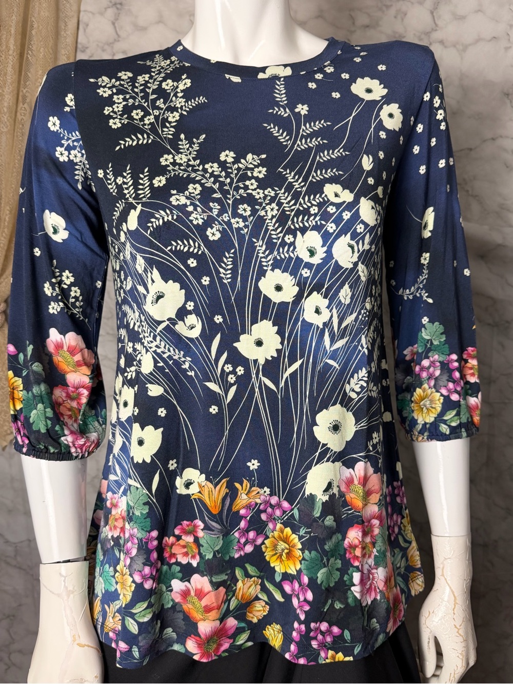 Johnny Was Blue Floral Wildflower Print 3/4 Sleeve Knit Top XS Boho Romantic